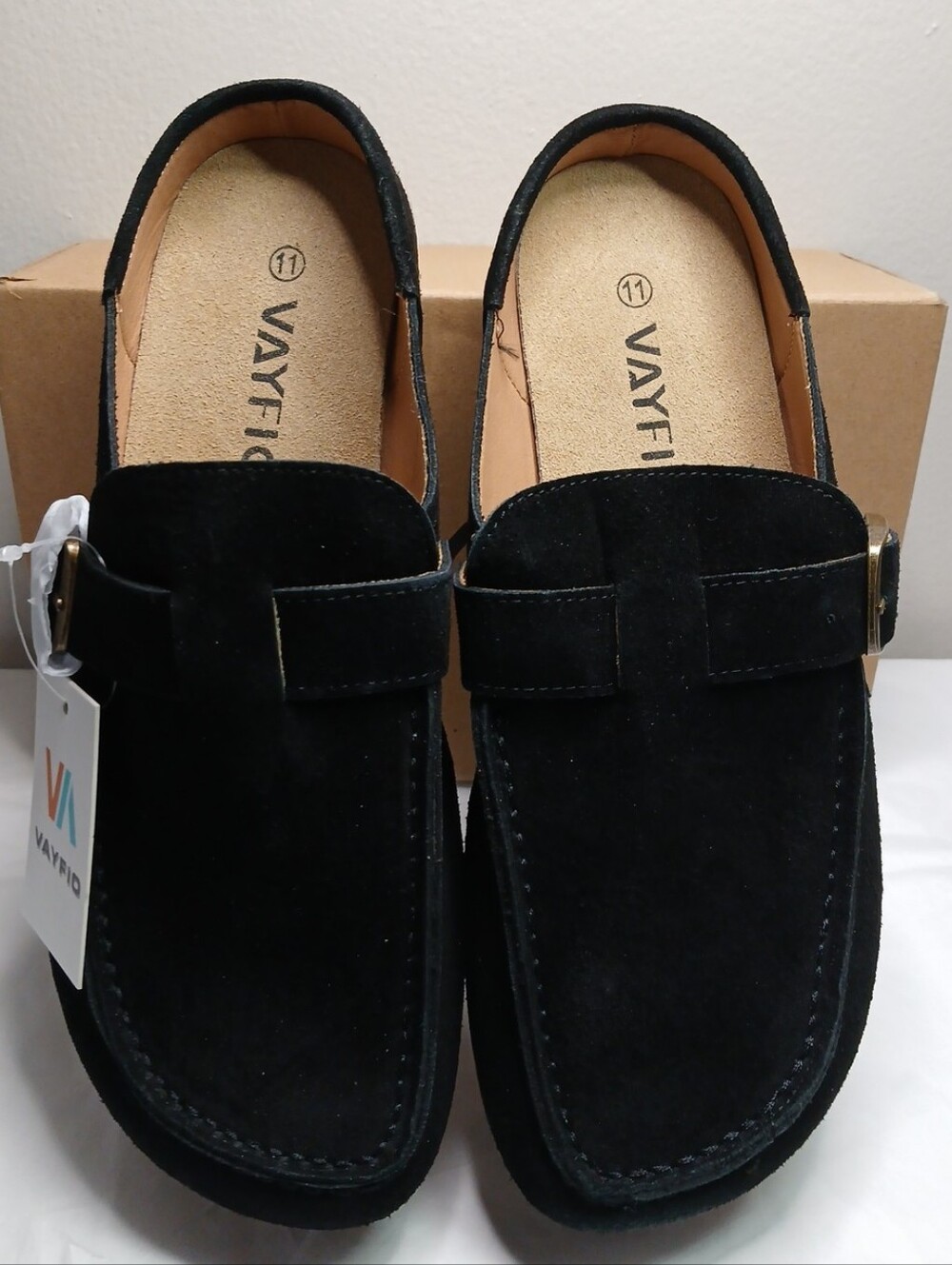Vayfio Black Suede Slip-On Mules with Buckle Detail